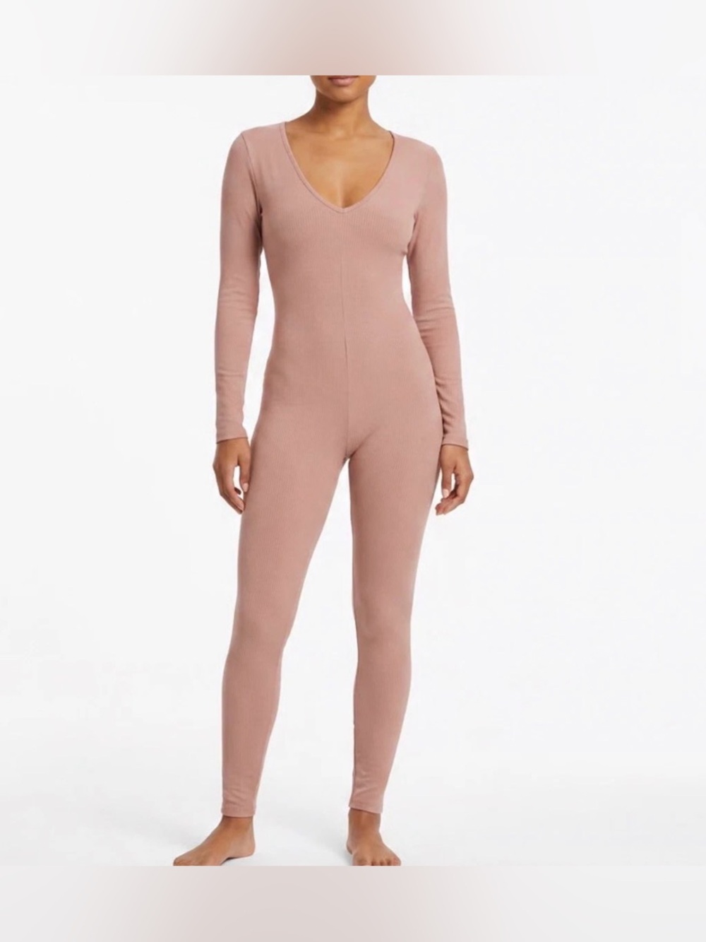 NWT naked wardrobe Ribbed V-Neck Long-Sleeve Jumpsuit in Beige/Cream